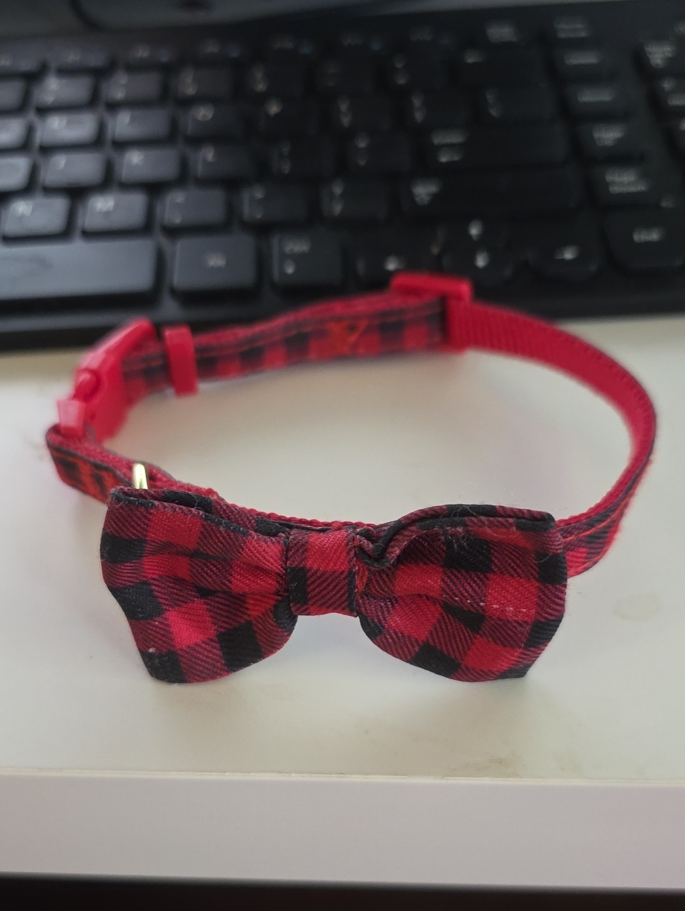 Red & Black Plaid Bow Dog Collar with Adjustable Strap